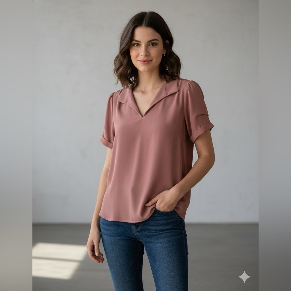 Daniel Rain coral short-sleeved blouse, pleated back, valance sleeves, XS